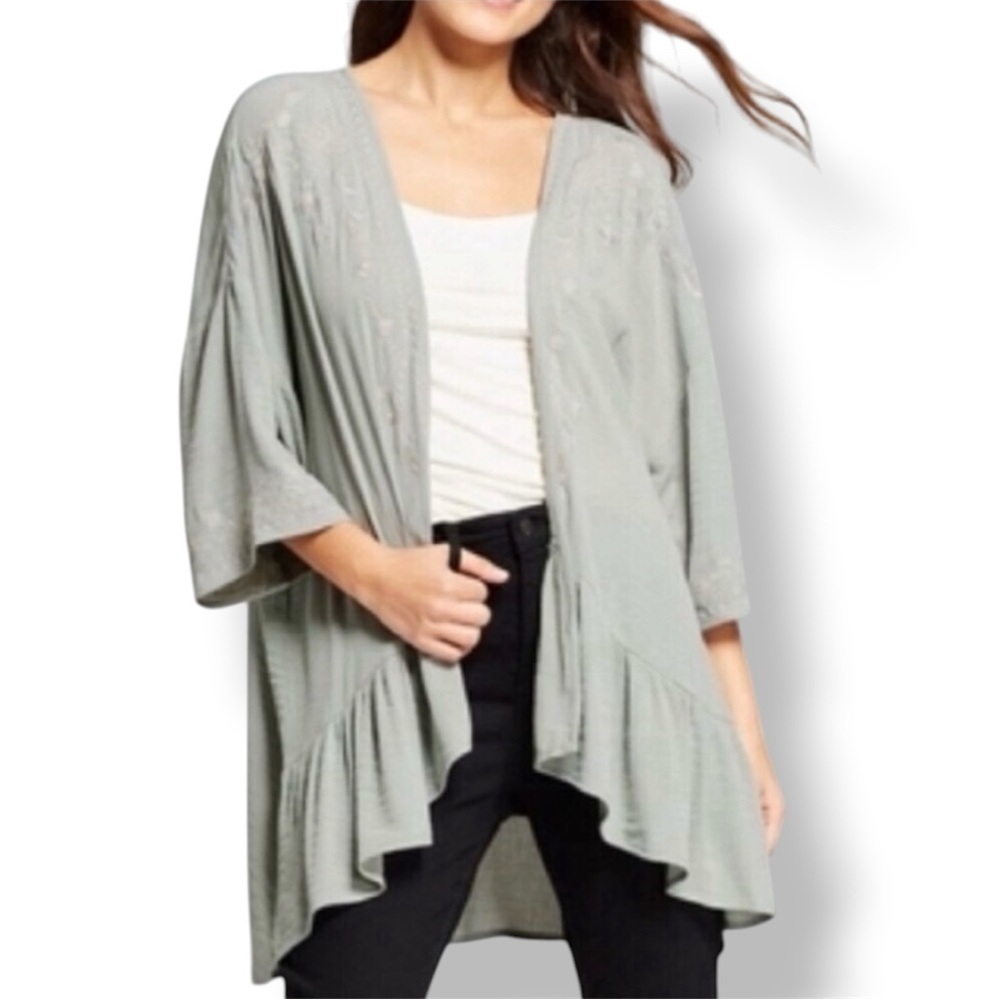 Knox Rose Open Front Embroidered Ruffle Hem Kimono Style Top - Aquatic Green​